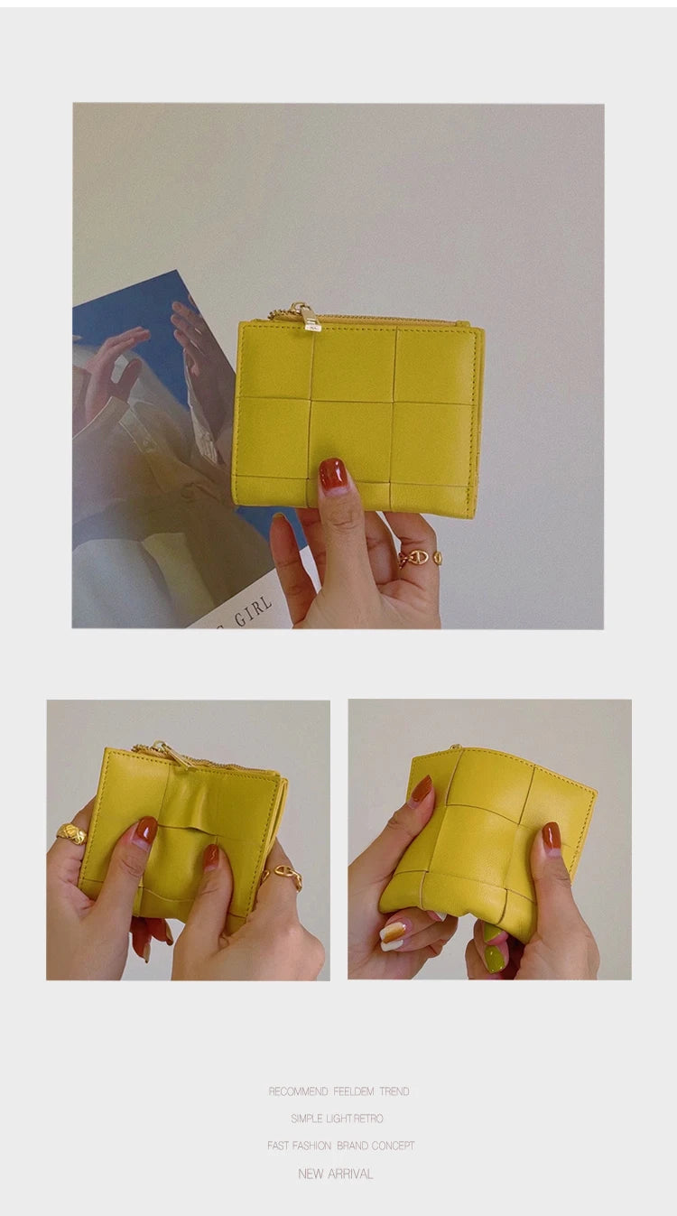 Portefeuille Femme Cuir Tressé - Porte-Monnaie Bifold Multi-Cartes Compact