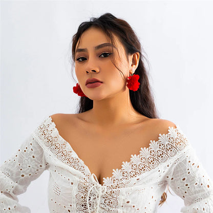 Boucles d'Oreilles Créoles Rose Tissu Pendentif Bohème – Kpop Colorées Y2K Soirées Femme