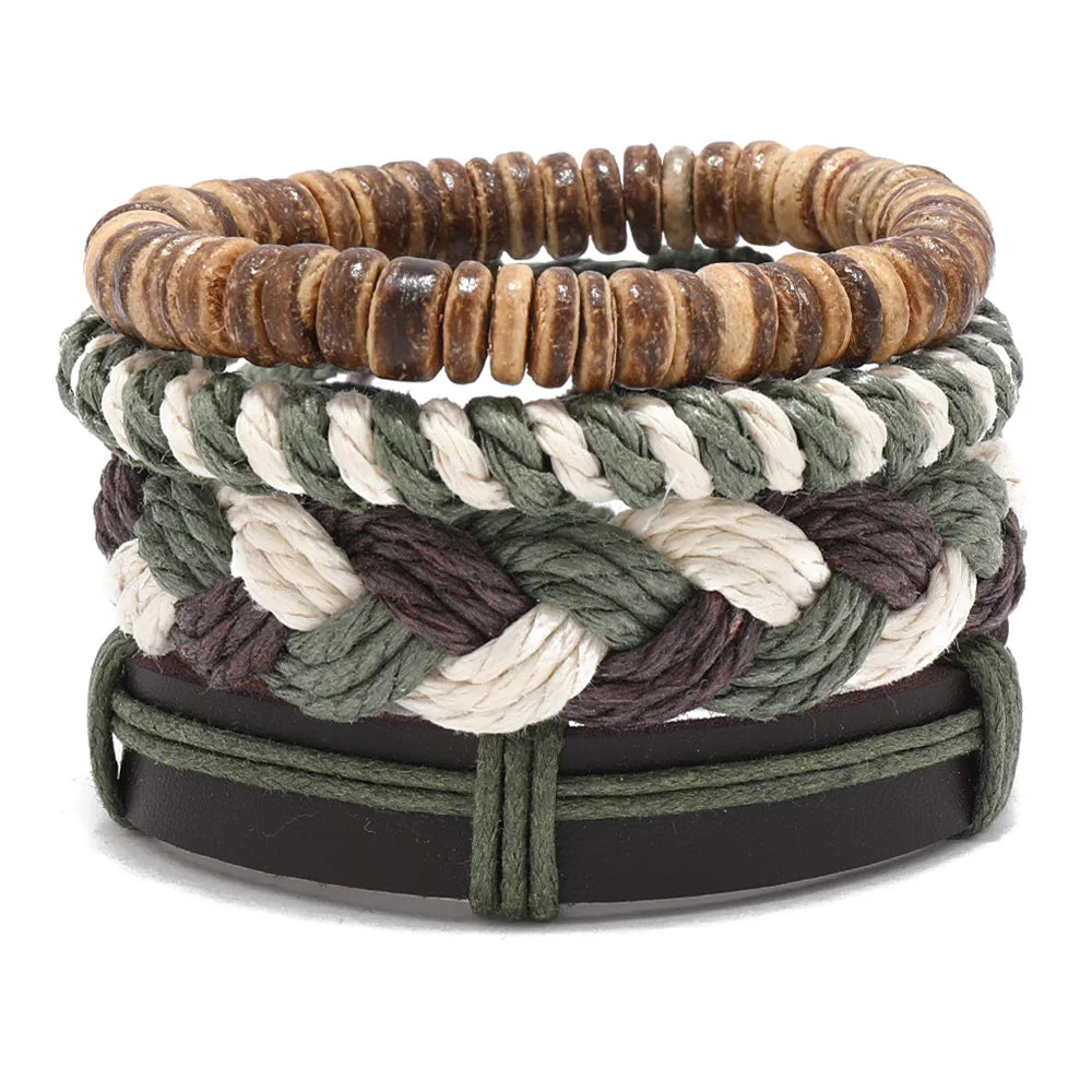 Bracelet Bohème Cuir & Perles Bois Homme – Tressé Main, 26 Coloris