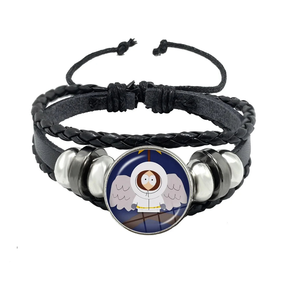 Bracelet South Park Cabochon Verre – Cuir Multicouche Tressé Fait Main Unisexe