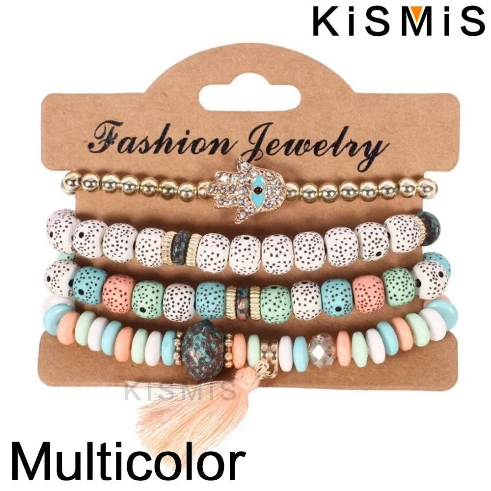 Set de 4 Bracelets Bohèmes Superposables - Œil Protecteur et Pompon