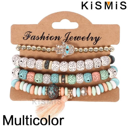 Set de 4 Bracelets Bohèmes Superposables - Œil Protecteur et Pompon