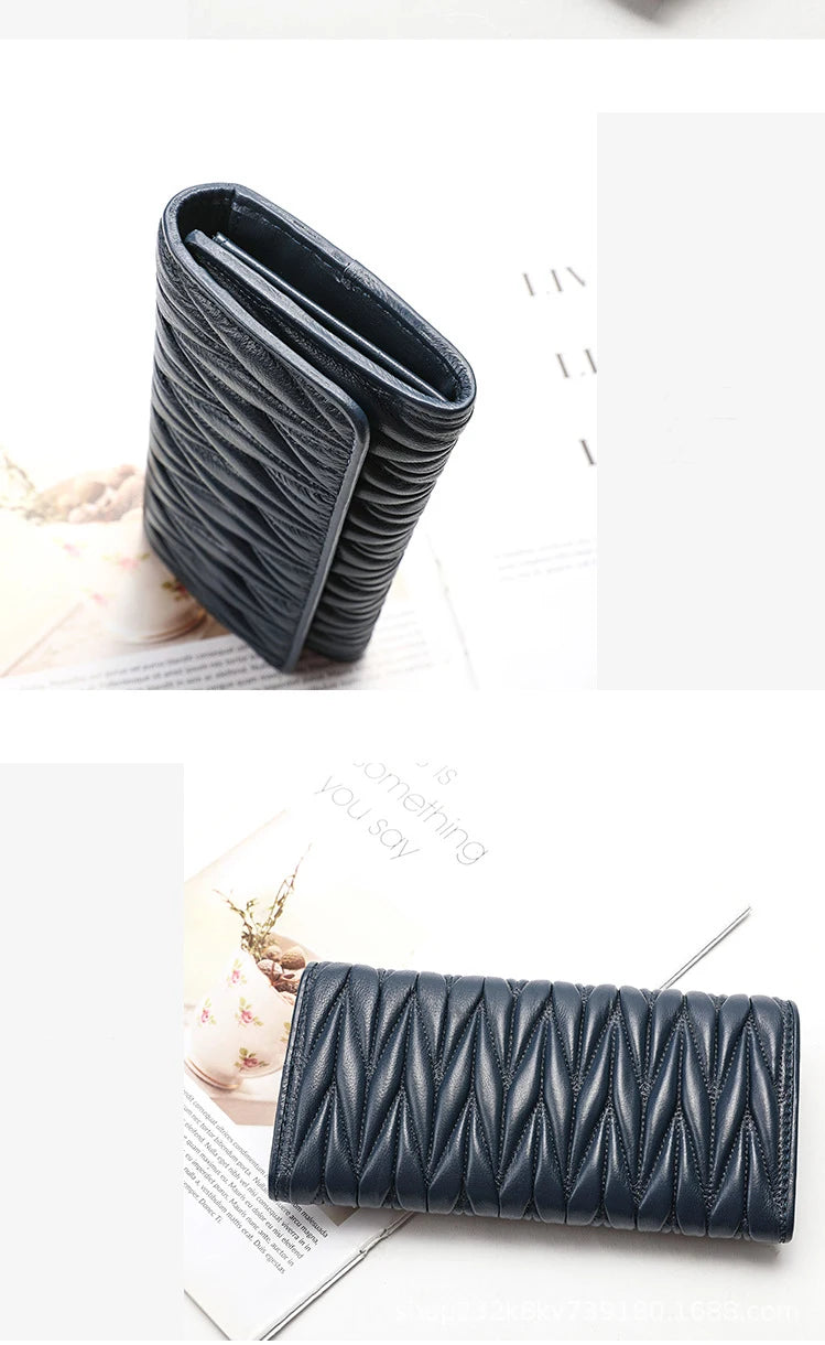 Portefeuille Femme Long Plissé Cuir Véritable - Pochette Zip Fermoir Multifonction