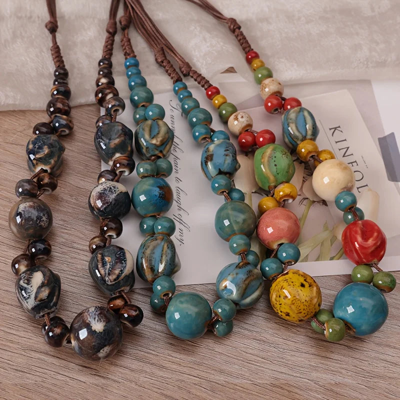 Collier Perles Céramique Tressé Main Bohème – Ajustable Ethnique Rétro Femme