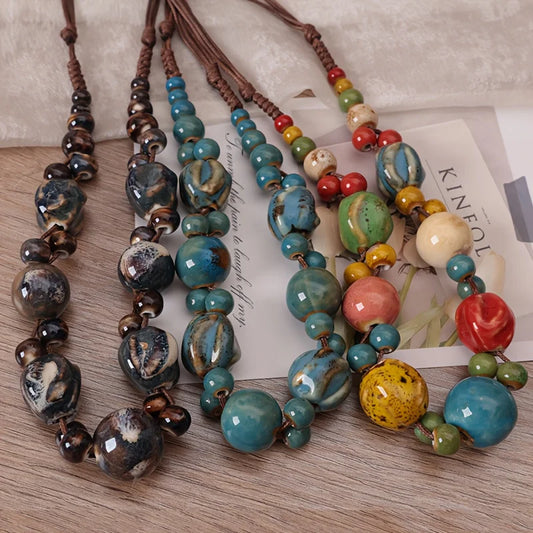 Collier Perles Céramique Tressé Main Bohème – Ajustable Ethnique Rétro Femme