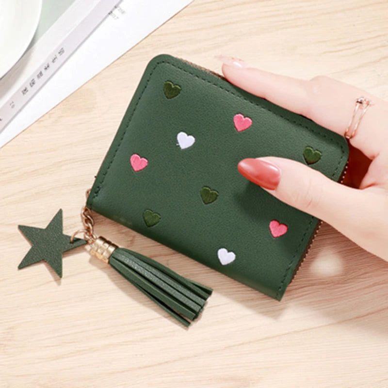 Portefeuille Femme Mini Court Pompon Zippé - Porte-Monnaie Cuir PU Cute Porte-Carte Main Vert