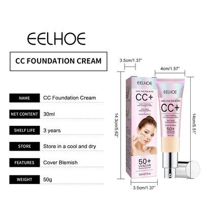 Fond de Teint CC Cream - Hydratant Waterproof Éclaircissant Couvrance Imperfections Contrôle Sébum Longue Tenue