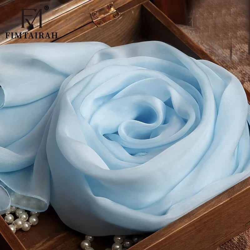 Foulard Écharpe Soie 100% Mousseline Femme Bleu Ciel - Châle Long 180x65cm Hangzhou