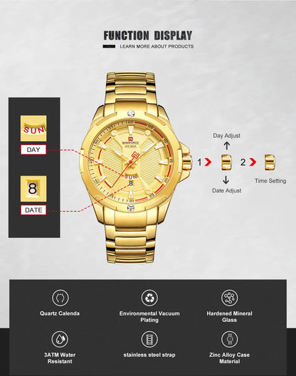 Montre NAVIFORCE Homme Or - Quartz Sport Militaire Acier Étanche 2022