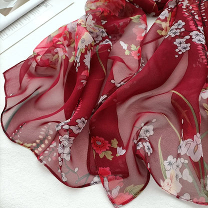 Foulard Écharpe Mousseline Georgette Femme Fleur Prune - Bandana Été Léger Respirant