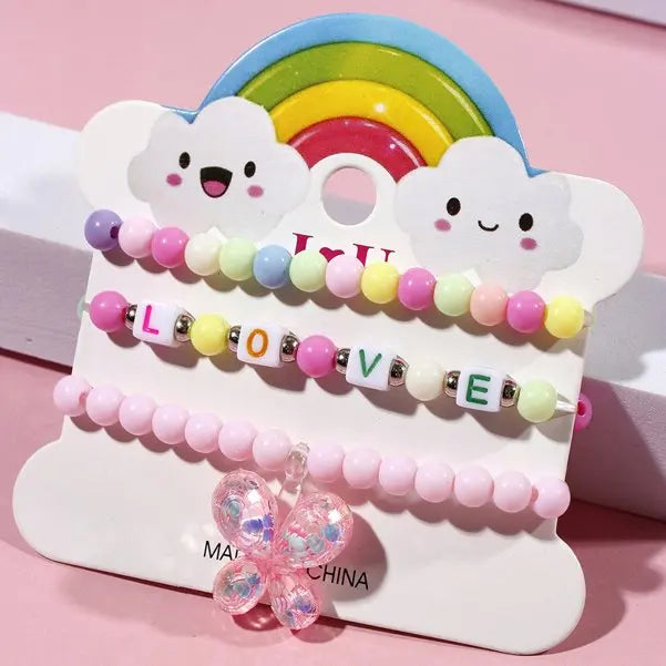 Ensemble 3 Bracelets Perles Cartoon Mignons Enfants – Princesse Licorne Fruits Chat Filles