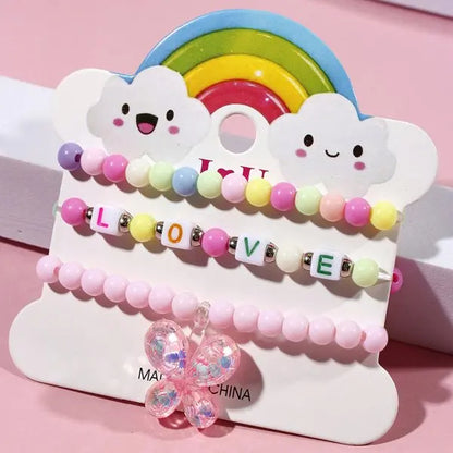 Ensemble 3 Bracelets Perles Cartoon Mignons Enfants – Princesse Licorne Fruits Chat Filles