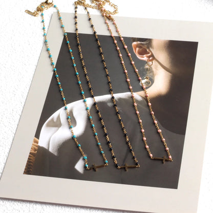 Collier Choker Bohème Croix Émaillé – Acier Inoxydable Plaqué Or Femme