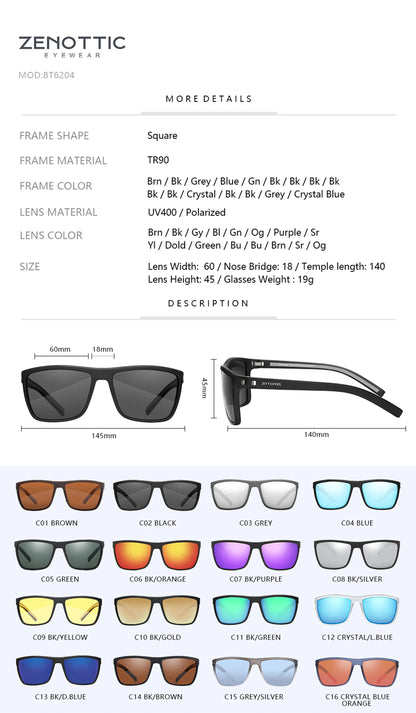 ZENOTTIC Lunettes de Soleil Polarisées Carrées — TR-90 Léger, UV400, Unisexe