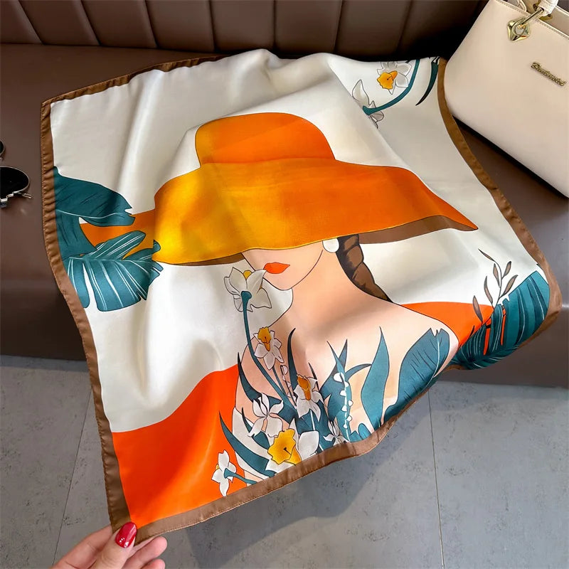 Foulard Carré Soie 70cm Imprimé Rose Femme - Écharpe Printemps Été Headscarf Bandana