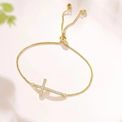 Bracelet Chaîne Cuivre Zircon Croix – Or & Argent Ajustable Unisexe Soirée