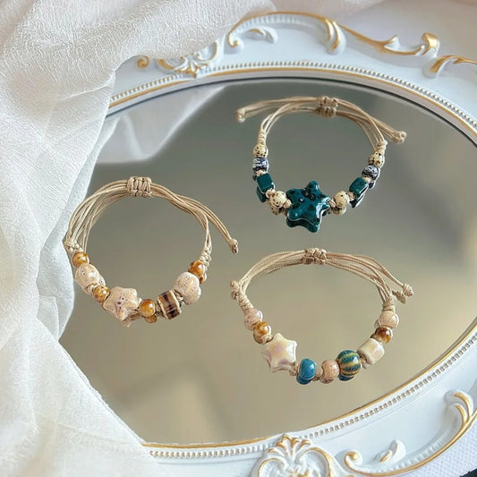 Bracelet Perles Céramique Jingdezhen Étoile Ethnique Rétro – Charm Corde Amitié Femme