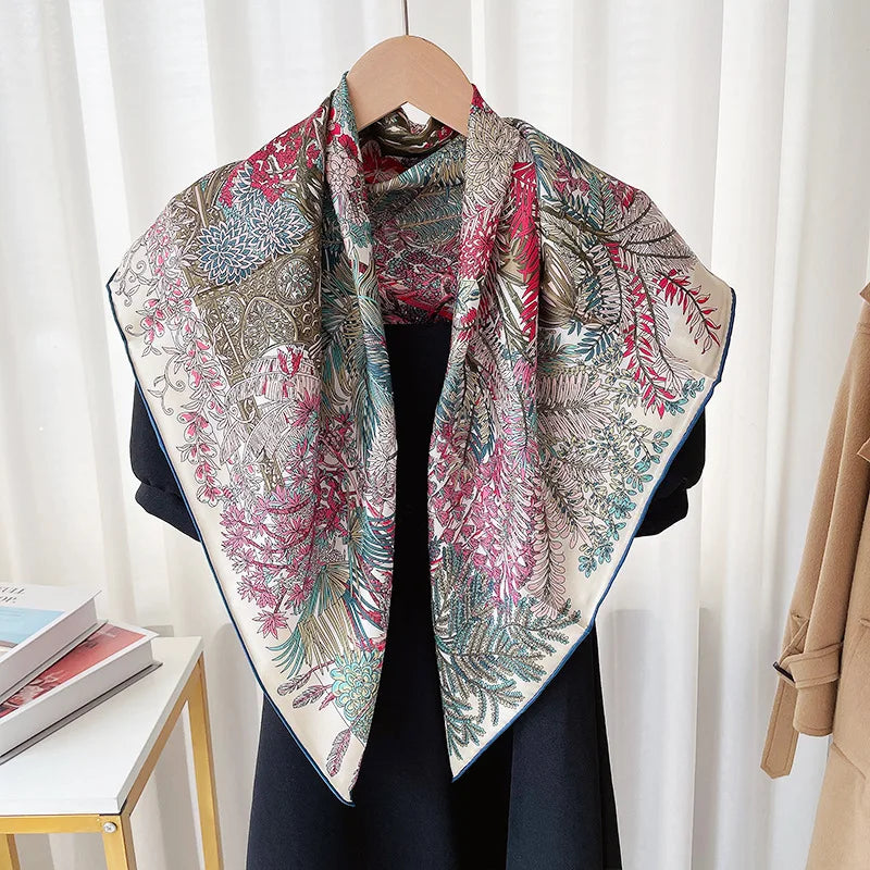 Foulard Carré Soie 100% Pure 90cm Neckerchief Femme - Châle Bandana Luxe Rose Vert