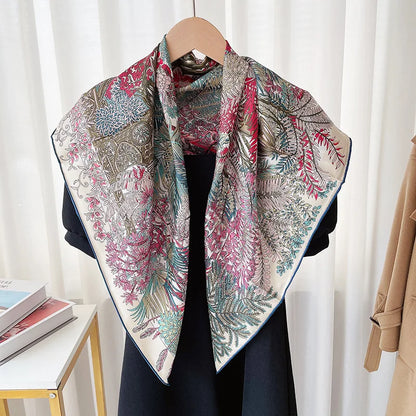 Foulard Carré Soie 100% Pure 90cm Neckerchief Femme - Châle Bandana Luxe Rose Vert