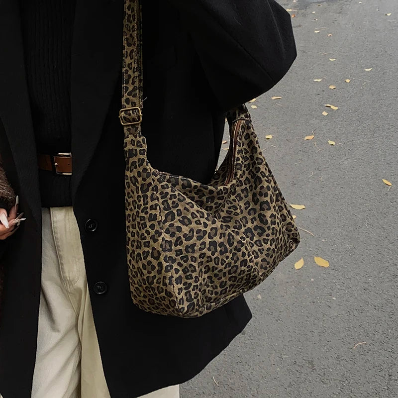 Sac Bandoulière Femme Textile Souple Imprimé Léopard - Sac Épaule Rétro Grande Capacité Casual