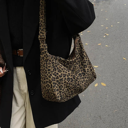 Sac Bandoulière Femme Textile Souple Imprimé Léopard - Sac Épaule Rétro Grande Capacité Casual