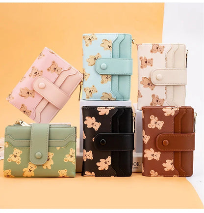 Portefeuille Femme Court Ourson Mignon - Bifold Cuir PU Porte-Cartes Zipper Bleu
