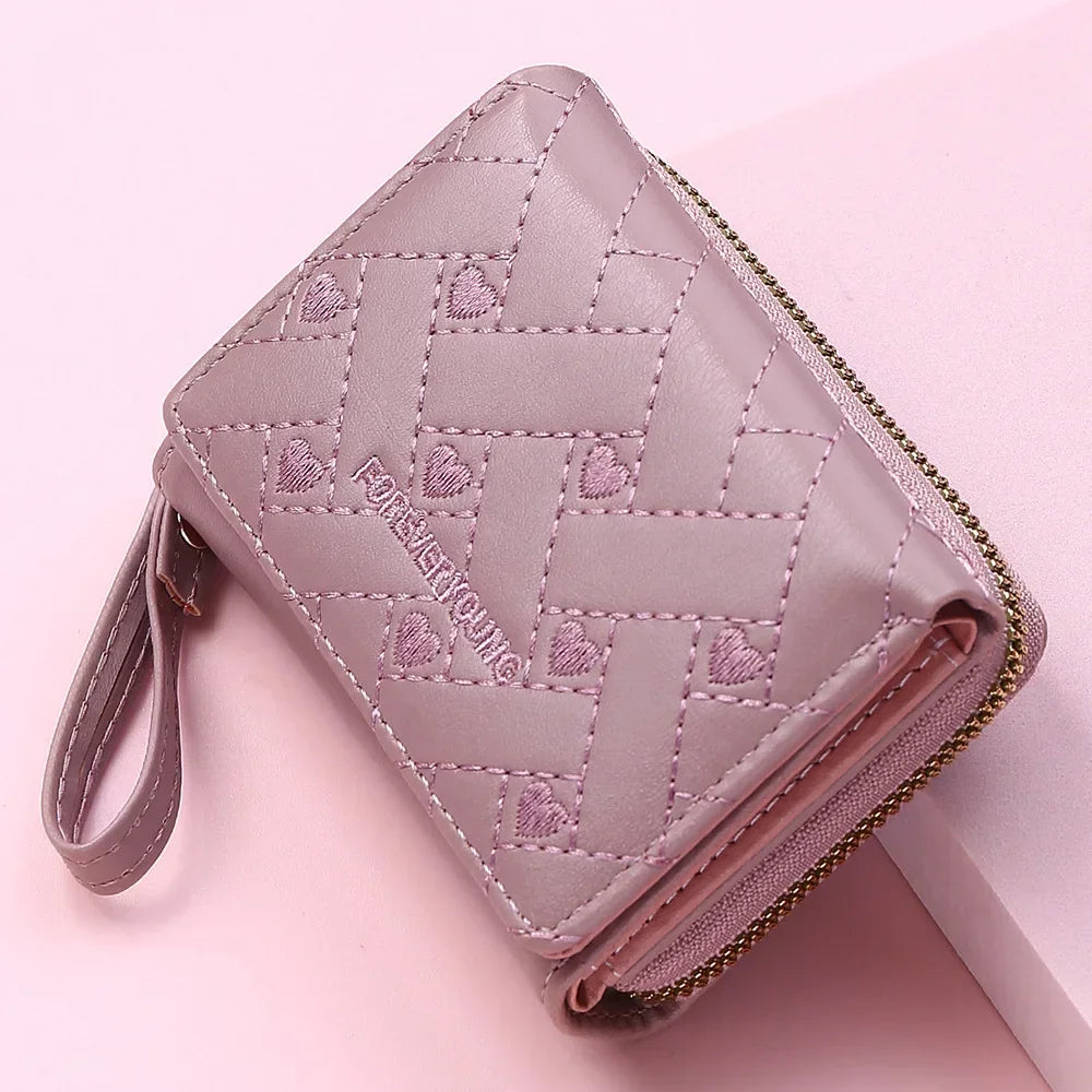 Portefeuille Femme Mignon Cœur Brodé Cuir PU - Trifold Multi-Cartes avec Porte-Monnaie