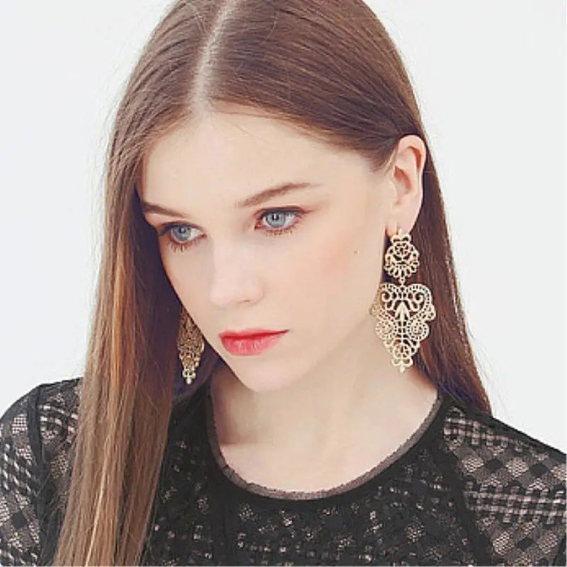 Boucles d'Oreilles Pendantes Feuilles Fleurs Ajourées - Statement Bohème Exagéré