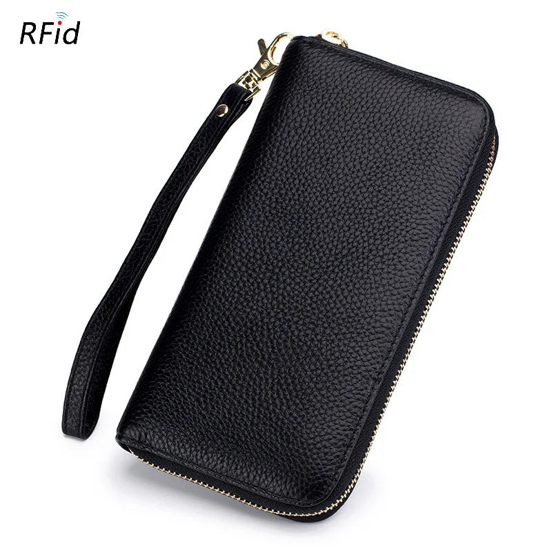 Portefeuille Femme Cuir Véritable RFID - Porte-Carte Zippé Multi-Compartiments avec Pompon