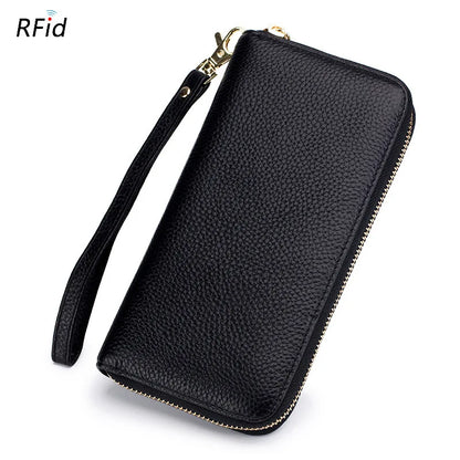 Portefeuille Femme Cuir Véritable RFID - Porte-Carte Zippé Multi-Compartiments avec Pompon