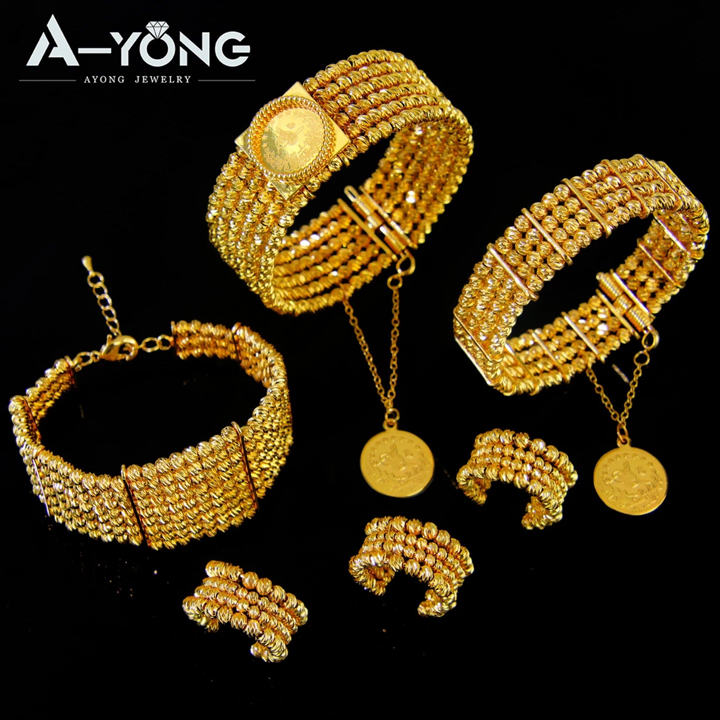 Ensemble Bracelet Bague Perles Dubai Mariage Plaqué Or 24K Luxe – Bangles Ajustables Mariée Arabe Femme