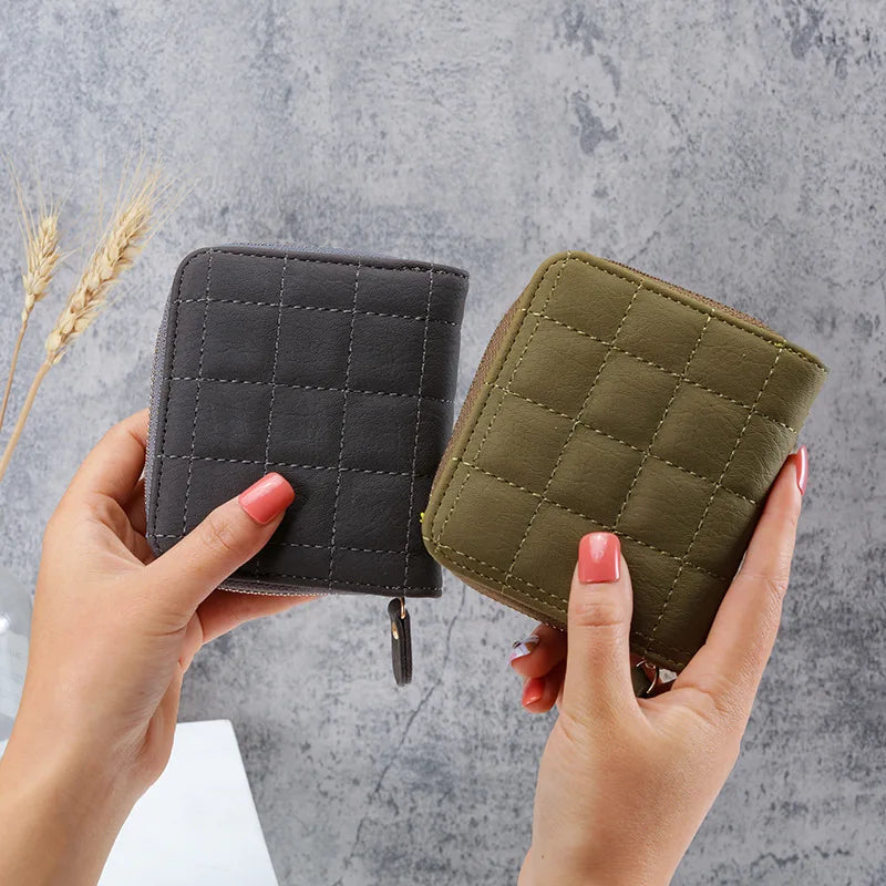 Portefeuille Court Femme Cuir PU à Carreaux - Petit Porte-Cartes Zip avec Porte-Monnaie