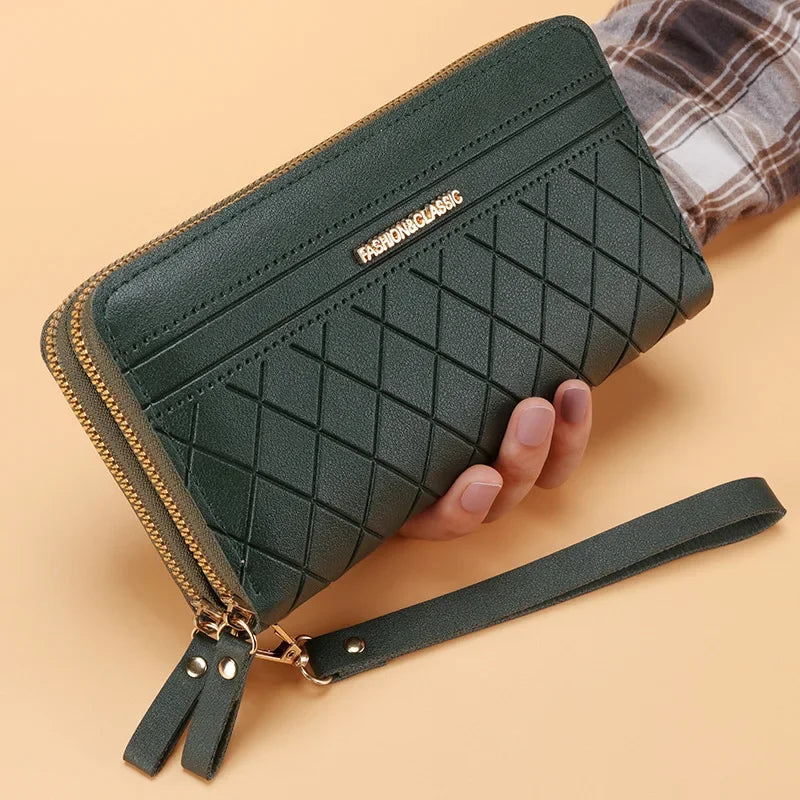 Portefeuille Femme Cuir PU Pompon - Porte-Monnaie Double Fermeture Éclair