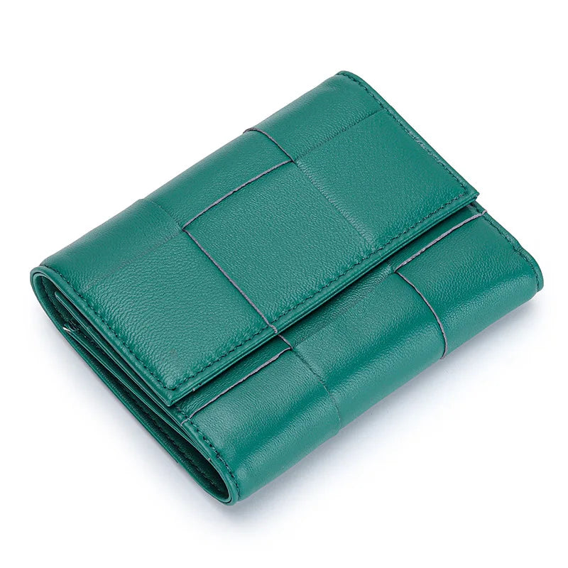 Portefeuille Femme Court Cuir Véritable Peau Mouton Tressé - Porte-Monnaie Trifold Zippé Grande Capacité Noir