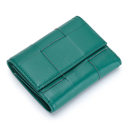 Portefeuille Femme Court Cuir Véritable Peau Mouton Tressé - Porte-Monnaie Trifold Zippé Grande Capacité Noir