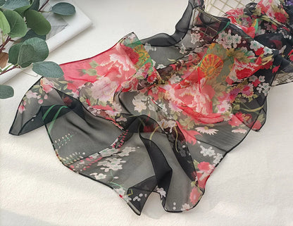 Foulard Écharpe Mousseline Georgette Femme Fleur Prune - Bandana Été Léger Respirant