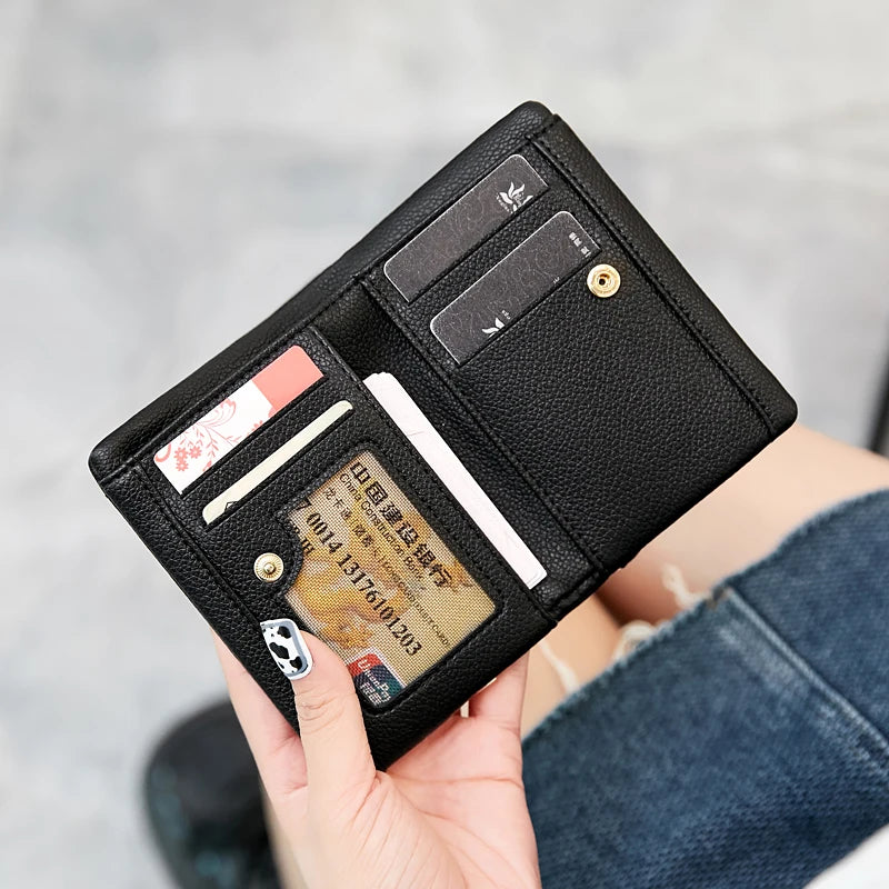 Portefeuille Femme Cuir PU Double Pliage - Porte-Cartes Court Multi-Fonctions Monnaie
