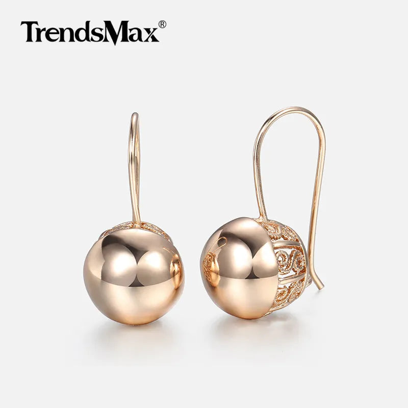 Boucles Oreilles Pendantes Or Rose 585 Zircon - Dangle Ball Cut Out Femme Fille Mariage Soirée Bijoux Cadeaux