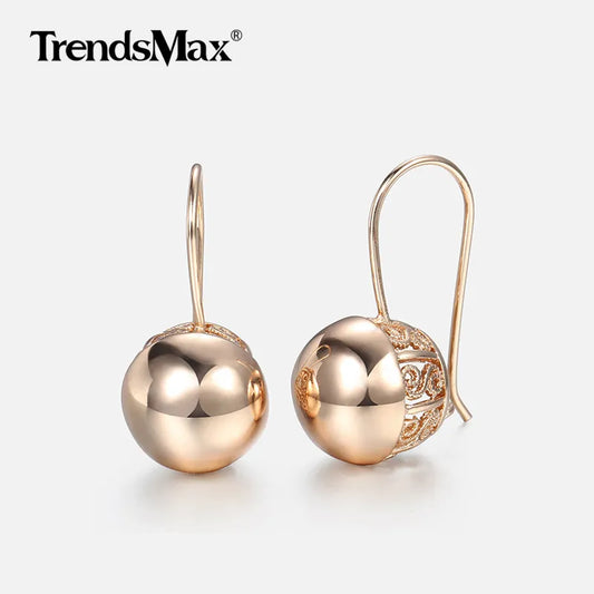 Boucles Oreilles Pendantes Or Rose 585 Zircon - Dangle Ball Cut Out Femme Fille Mariage Soirée Bijoux Cadeaux
