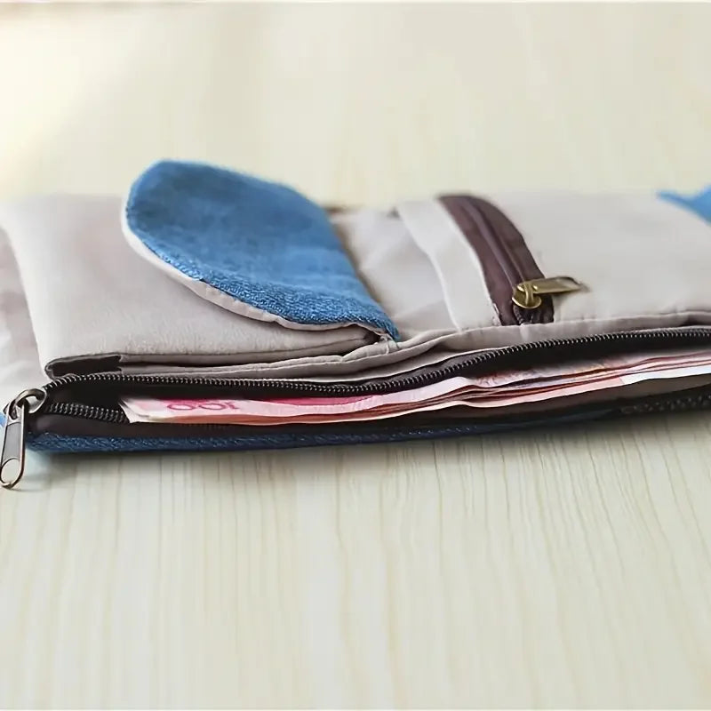Portefeuille Femme Tissu Fait Main Pliable Contraste Couleurs - Porte-Monnaie Zippé Cartoon Porte-Carte Clés