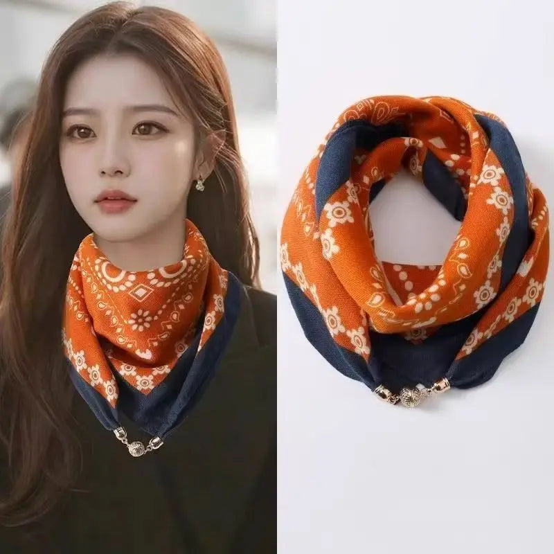 Luxury Square Scarf with Magnetic Buckle for Women - Silk Triangle Cross Scarf
