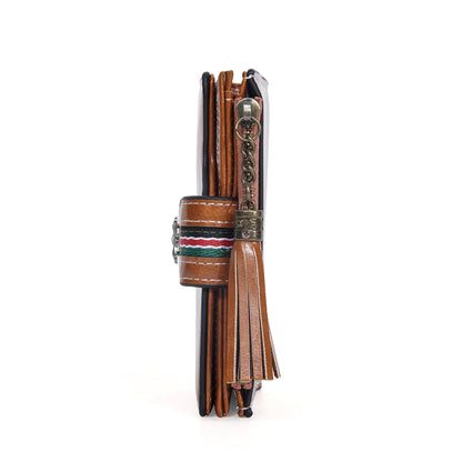 Portefeuille Femme Cuir Ciré Glands - Porte-Monnaie Tri-Fold Multi-Fentes Fermeture Éclair