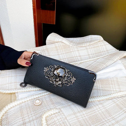 Portefeuille Femme Long Tête de Mort - Porte-Monnaie Design Luxe Skull avec Étui Téléphone