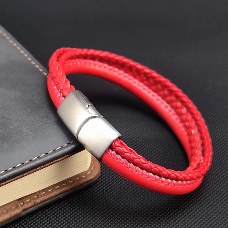 Bracelet Perles Cuir Rouge Tressé – Boucle Acier Inoxydable Unisexe