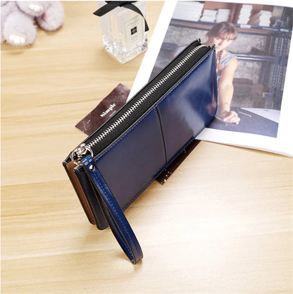 Portefeuille Clutch Femme Vintage Cuir Ciré PU - Grande Capacité avec Bracelet