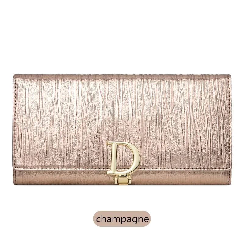 Portefeuille Long Femme Cuir Véritable Luxe - Porte-Cartes Téléphone Rayures Élégant