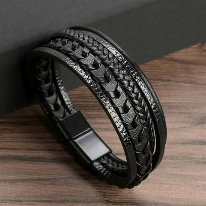 Bracelet en Cuir Tissé Main Multi-Couches pour Homme - Combinaison Classique Punk
