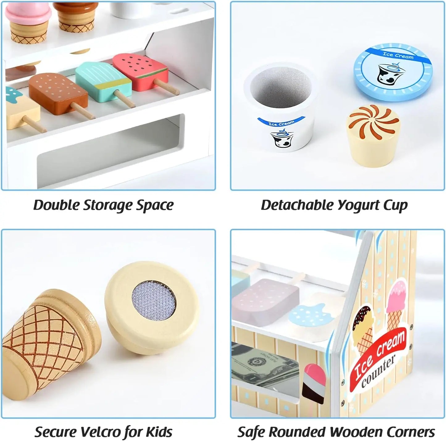 Comptoir de Crème Glacée en Bois - Jouet Montessori 40+ Pièces avec Monnaie pour Enfants 3-6 Ans