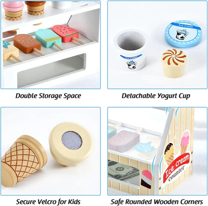 Comptoir de Crème Glacée en Bois - Jouet Montessori 40+ Pièces avec Monnaie pour Enfants 3-6 Ans