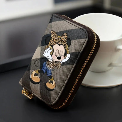 Portefeuille Minnie Motif Carreaux Léopard - Porte-Monnaie Court Cuir PU Zippé Femme Fille Disney